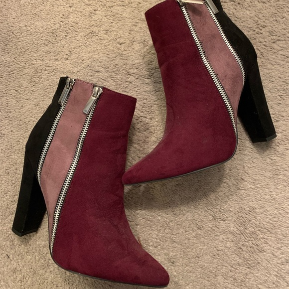 Women's Burgundy Black & Pink Colorblock Zippered Heel Booties - Picture 1 of 2